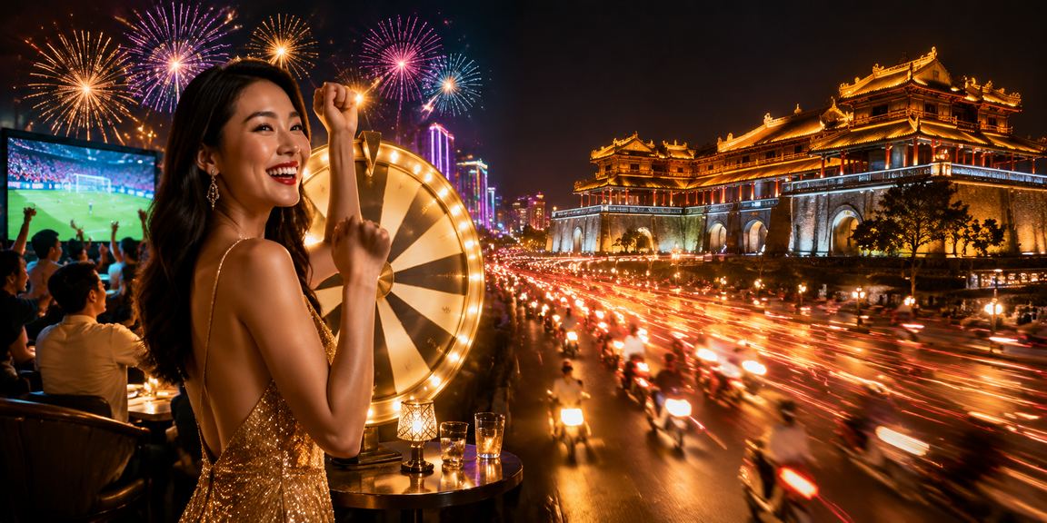 Vòng quay may mắn neon về đêm tại Huế – không khí trò chơi giải trí